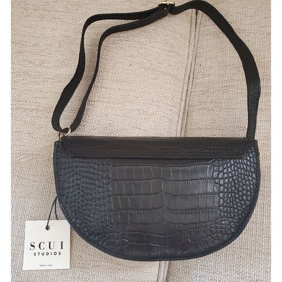 Scui Studios Half Moon Croc Embossed Leather Crossbody Bag in Black - NEW - Picture 6 of 13